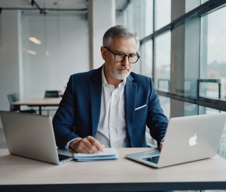 Entrepreneur concentré devant son ordinateur en train de planifier une stratégie digitale pour son entreprise.