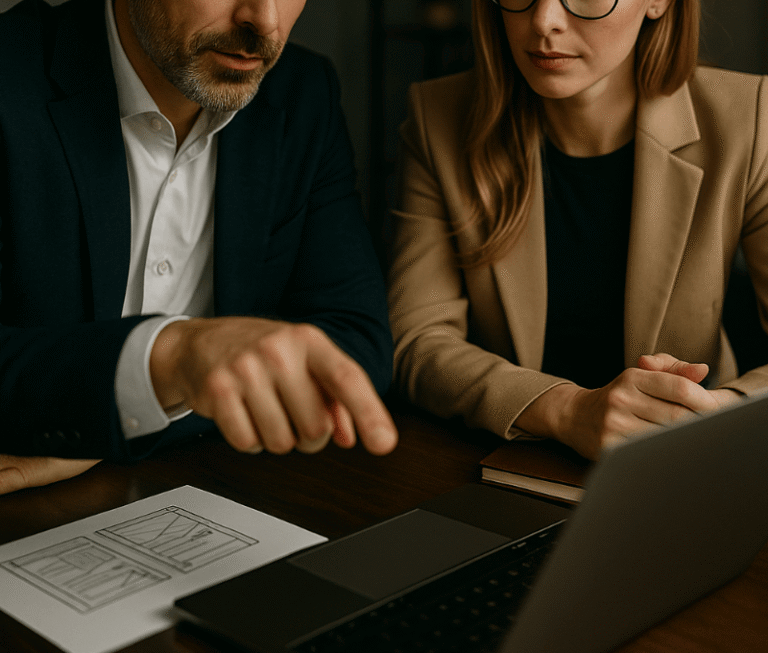 Deux professionnels analysent un site web pour améliorer son expérience utilisateur et optimiser la conversion, dans un cadre élégant et moderne.