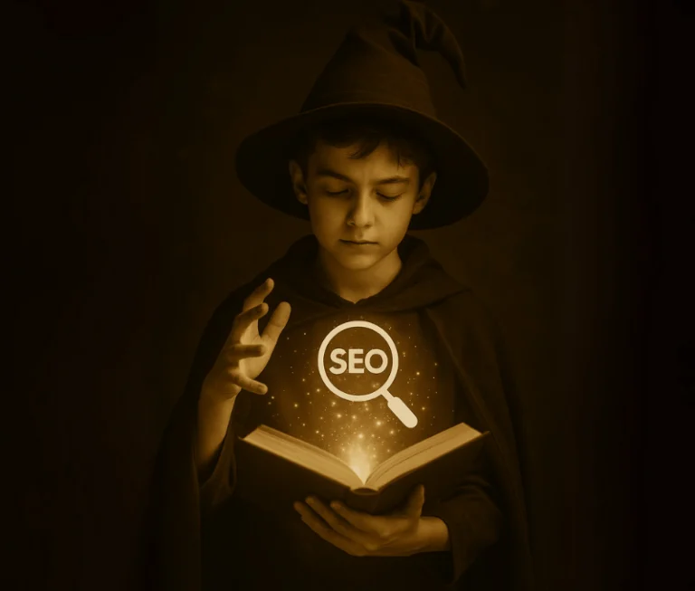 Illustration métaphorique d’un apprenti magicien découvrant le SEO, avec une lumière magique sortant d’un livre, symbolisant l’apprentissage des bases du référencement.