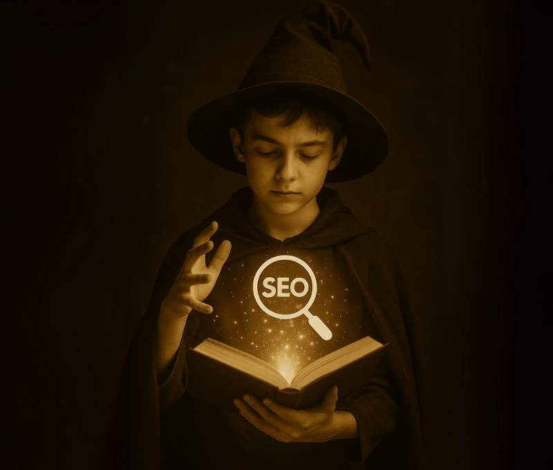 Illustration métaphorique d’un apprenti magicien découvrant le SEO, avec une lumière magique sortant d’un livre, symbolisant l’apprentissage des bases du référencement.