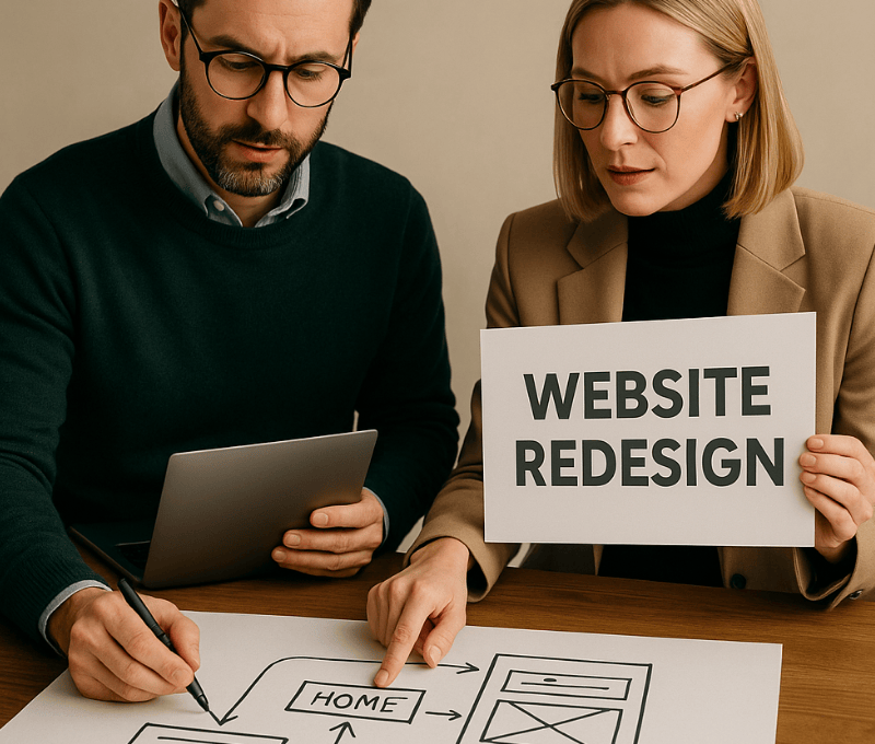 Deux professionnels planifient la refonte d’un site web à l’aide d’un schéma UX et d’une tablette, illustrant les étapes clés d’un projet digital réussi.