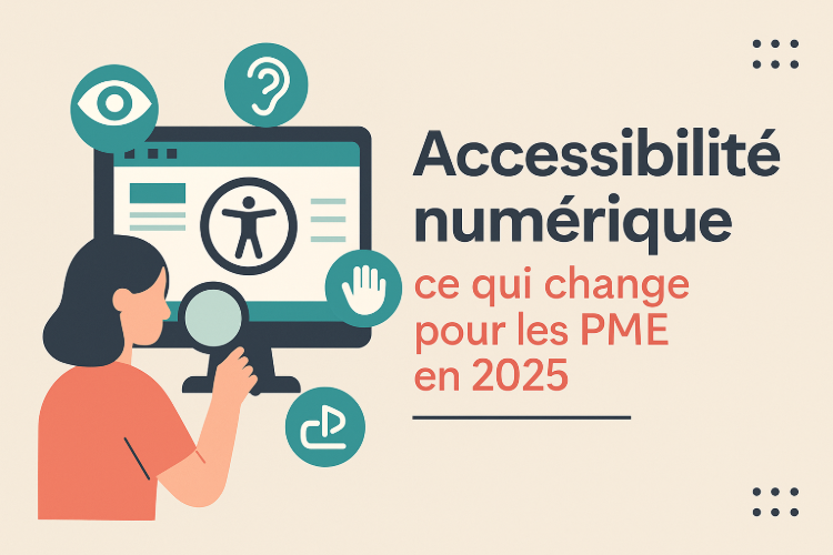 Femme consultant un écran d’ordinateur avec des icônes symbolisant l’accessibilité (vue, audition, main, sous-titres) et un message sur l’obligation d’accessibilité numérique pour les PME en 2025.