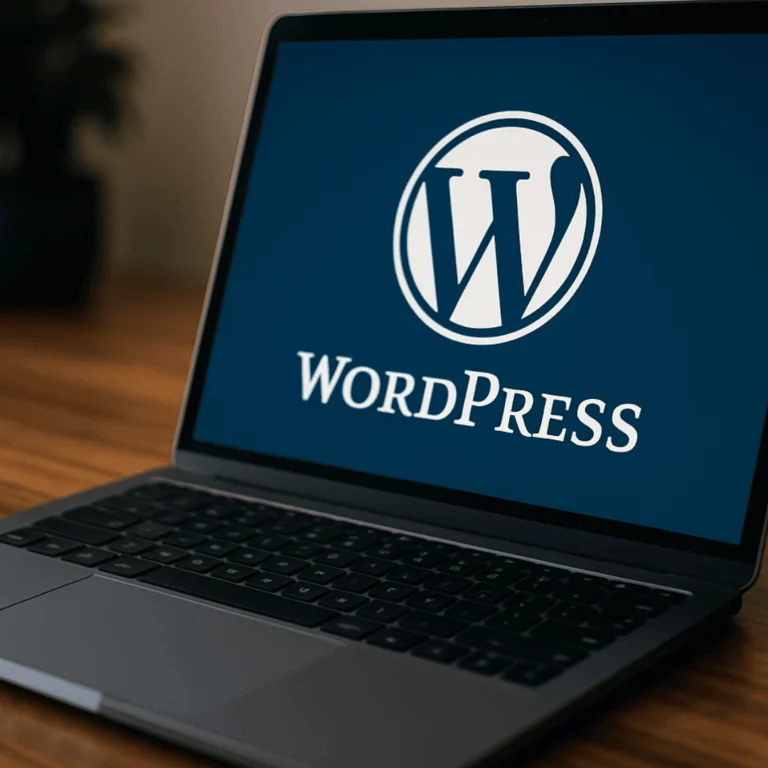 Ordinateur portable affichant le logo WordPress, symbole de la sécurité des sites internet.